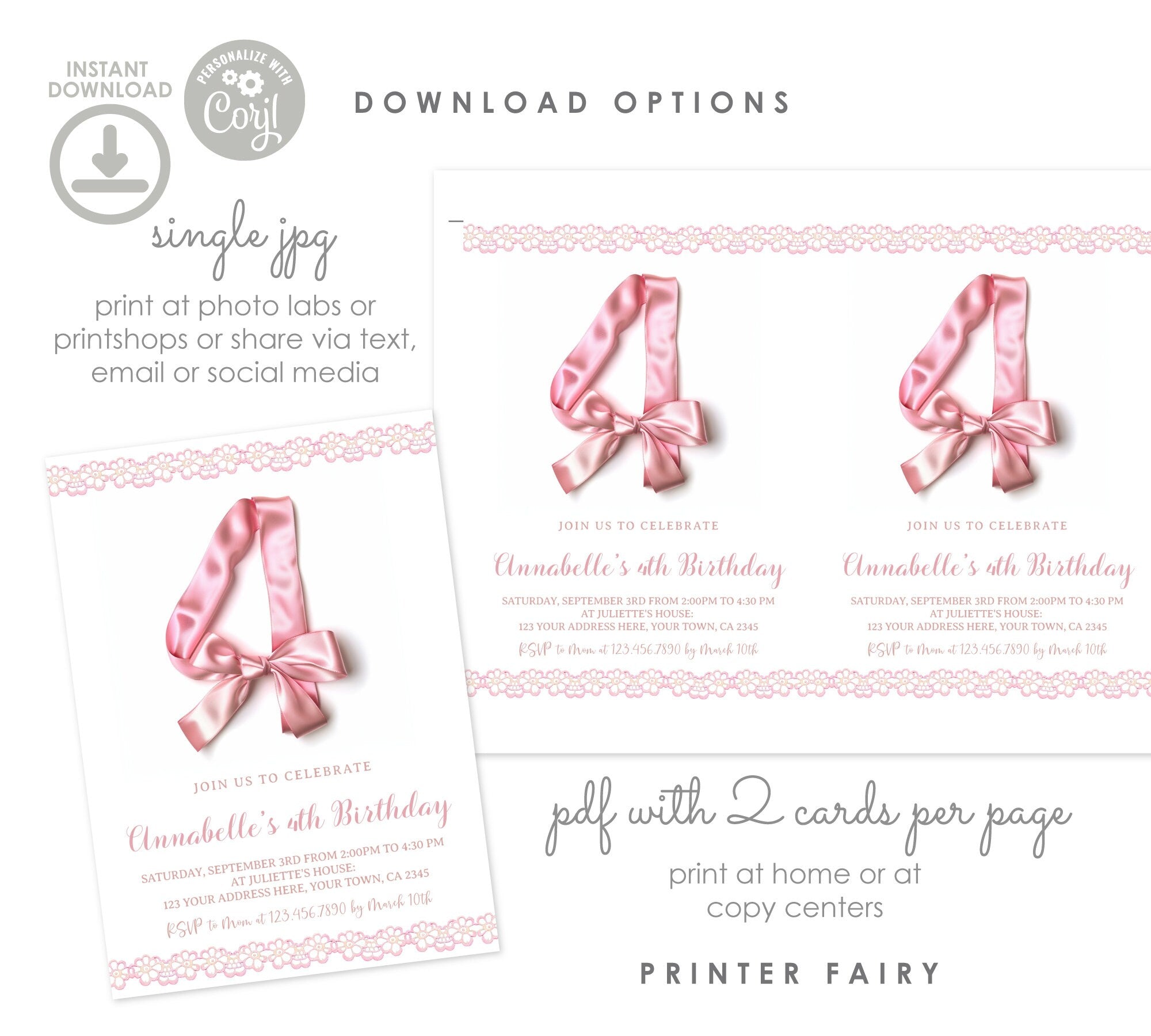Pink Bow 4th Birthday Invitation, Coquette Party, Floral Invite (Instant Download)