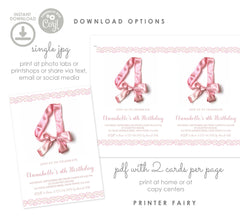 Pink Bow 4th Birthday Invitation, Coquette Party, Floral Invite (Instant Download)