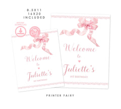 Coquette Birthday Welcome Sign, Pink Bow Decoration (Instant Download)