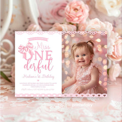 Coquette First Birthday Invitation with Photo, Pink Bow (Digital Download)