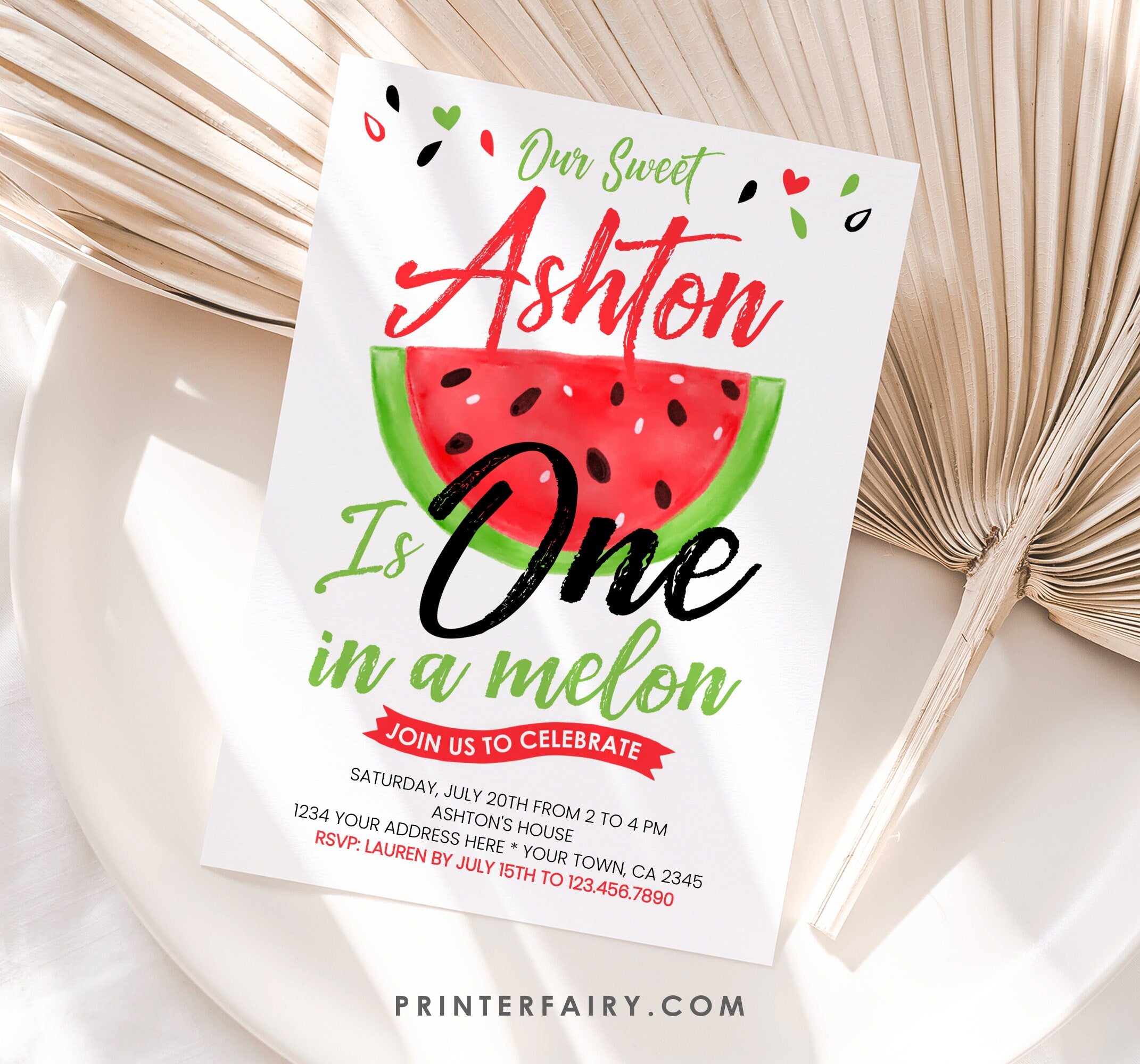 Watermelon First Birthday Invitation Editable Template (Instant Download)