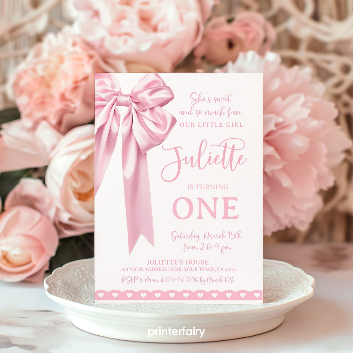 Pink Bow 1st Birthday Invitation Template, Coquette Party (Instant Download)