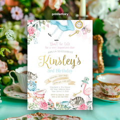 Alice in Wonderland Birthday Invitation, Floral Tea Party, Editable (Digital Download)