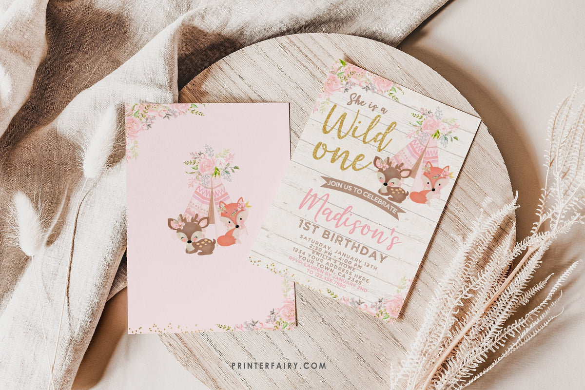 Wild One Birthday Invitation, Girl, Tribal Woodland Animals (Digital Download)