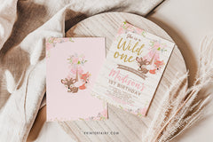 Wild One Birthday Invitation, Girl, Tribal Woodland Animals (Digital Download)
