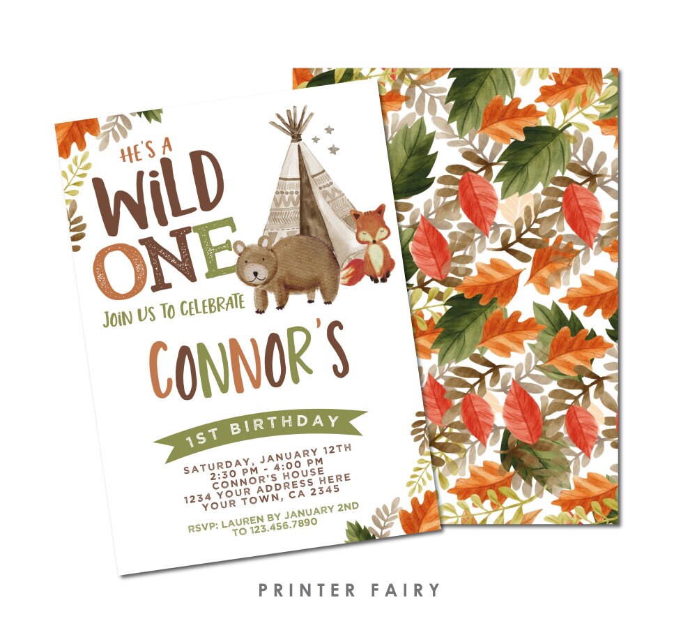 Wild One Birthday Invitation, Tribal Woodland Theme (Digital Download)