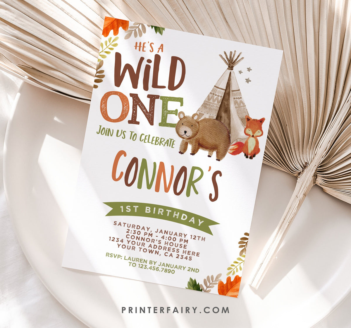 Wild One Birthday Invitation, Tribal Woodland Theme (Digital Download)