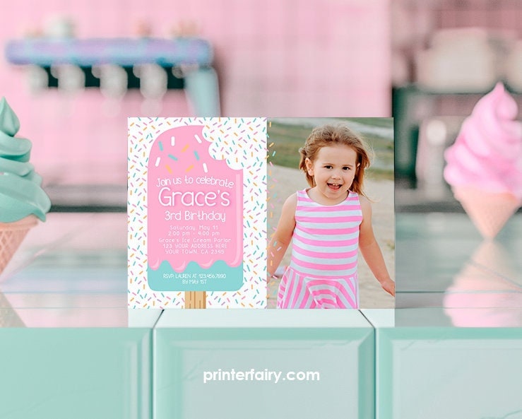 Popsicle Birthday Invitation with Photo, Editable Summer Party Invite (Digital)