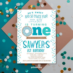 Donut Boy 1st Birthday Invitation, Editable Digital Invite