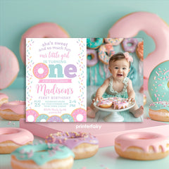 Donut First Birthday Invitation with Photo, Editable Template (Digital Download)