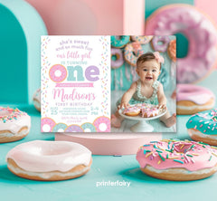 Donut First Birthday Invitation with Photo, Editable Template (Digital Download)