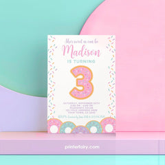 Donut 3rd Birthday Invitation Template, Candyland Party (Instant Download)