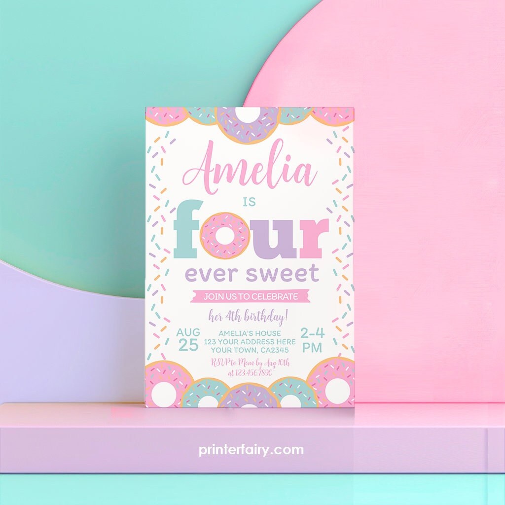 Donut 4th Birthday Invitation Template, Editable Party Invite (Instant Download)