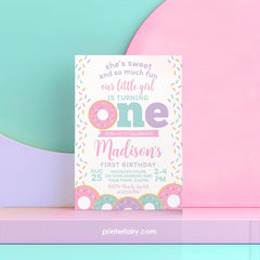 Donut First Birthday Invitation, Sprinkles Party (Editable Digital Invite)
