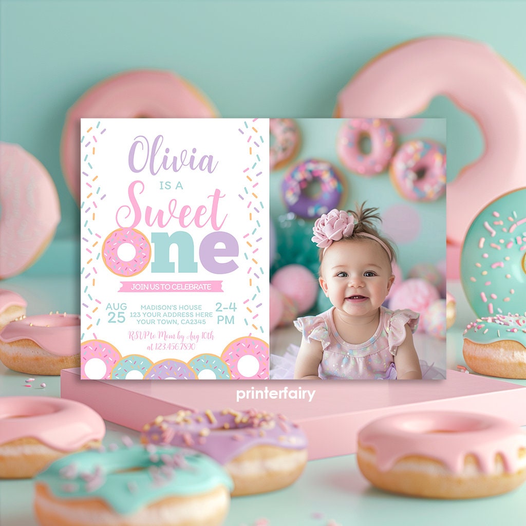 Donut First Birthday Invitation with Photo, Editable Template