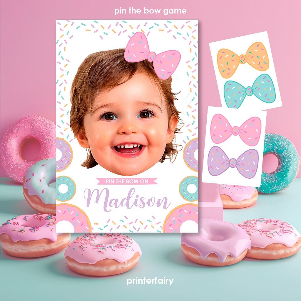 Donut Birthday Party Personalized Pin The Bow Game, Digital Printable