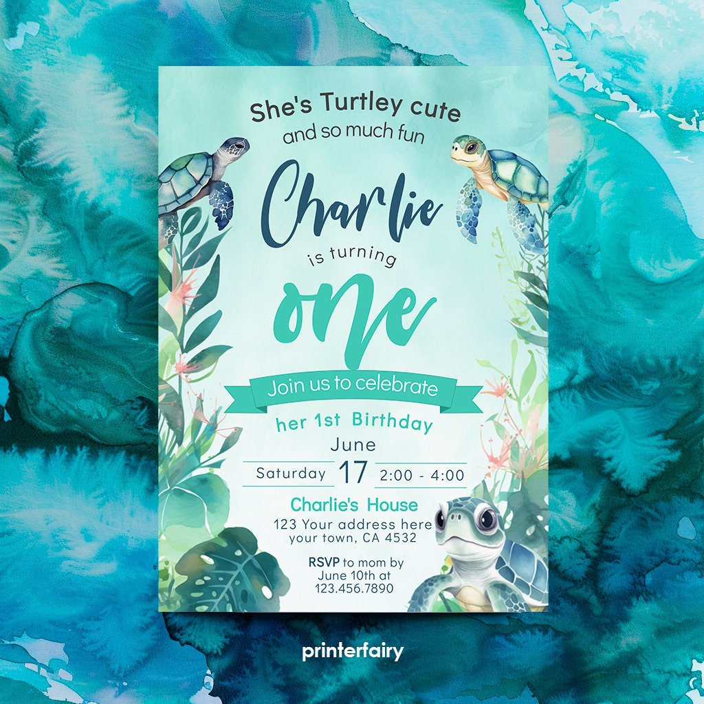 Sea Turtle 1st Birthday Invitation, Under The Sea Party (Editable Digital Template)