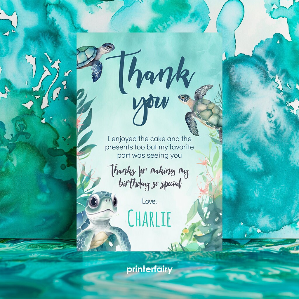 Sea Turtle Birthday Thank You Card, Editable Under The Sea Party (Instant Download)