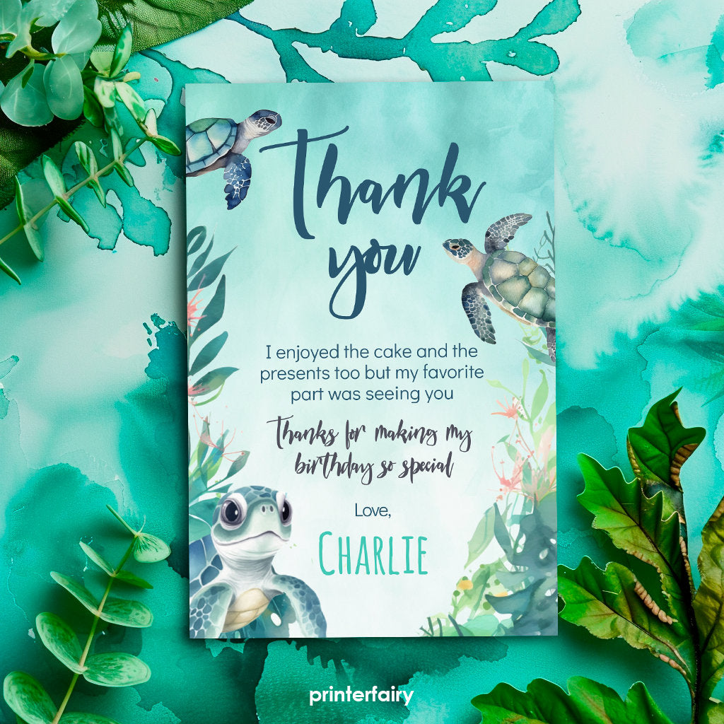 Sea Turtle Birthday Thank You Card, Editable Under The Sea Party (Instant Download)