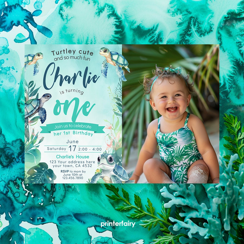 Sea Turtle 1st Birthday Invitation, Photo, Under The Sea (Editable)