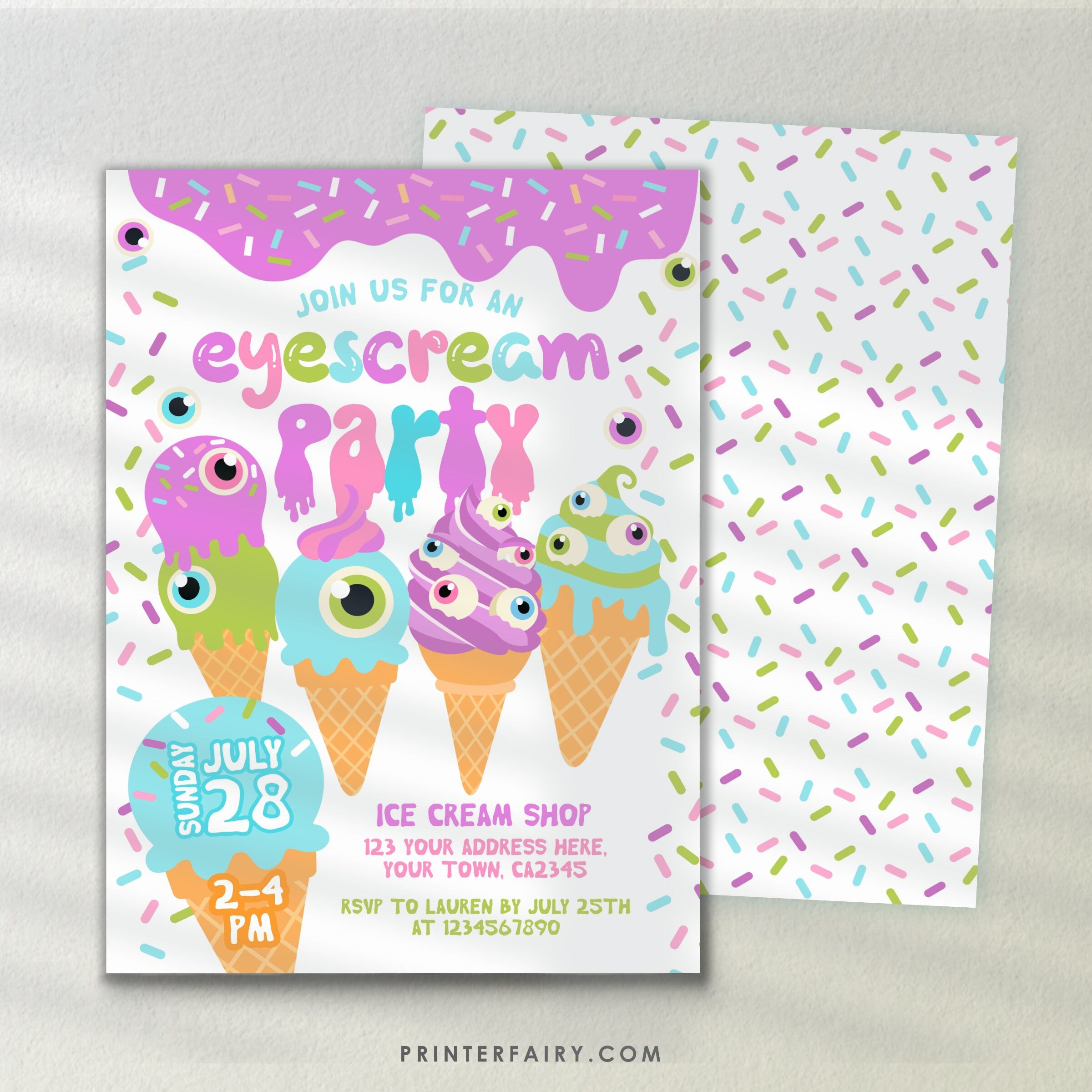 Eyescream Party Invitation, Retro Halloween, Ice Cream (Editable, Instant Download)