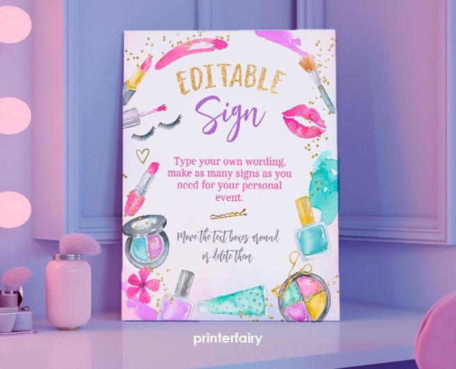 Editable Spa Party Sign, Glam Makeup Birthday Decor (Digital Download)
