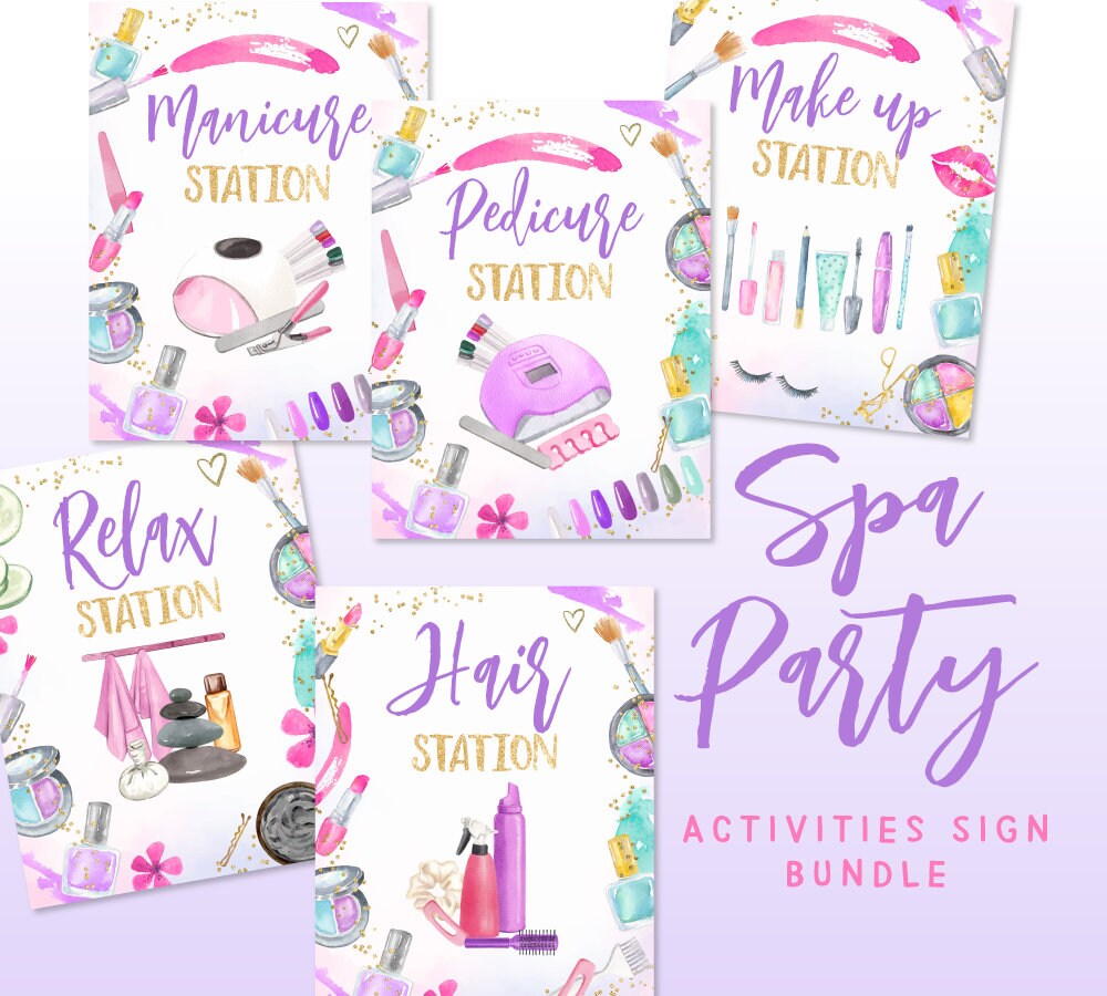 Spa Party Activities Sign Bundle, Relax, Manicure, Pedicure, Makeup, Hair Stations (Instant Download)
