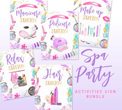 Spa Party Activities Sign Bundle, Relax, Manicure, Pedicure, Makeup, Hair Stations (Instant Download)
