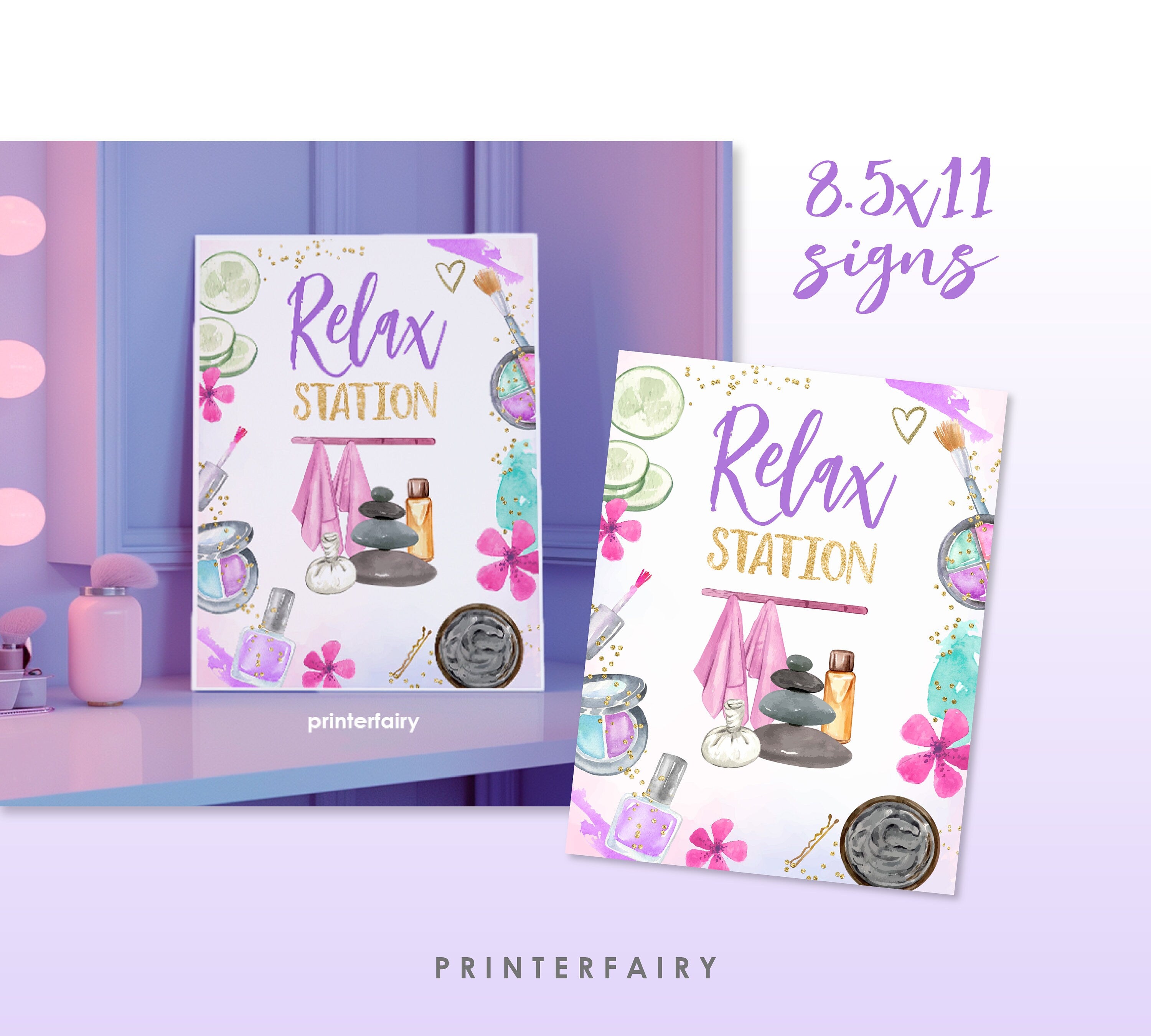 Spa Party Activities Sign Bundle, Relax, Manicure, Pedicure, Makeup, Hair Stations (Instant Download)