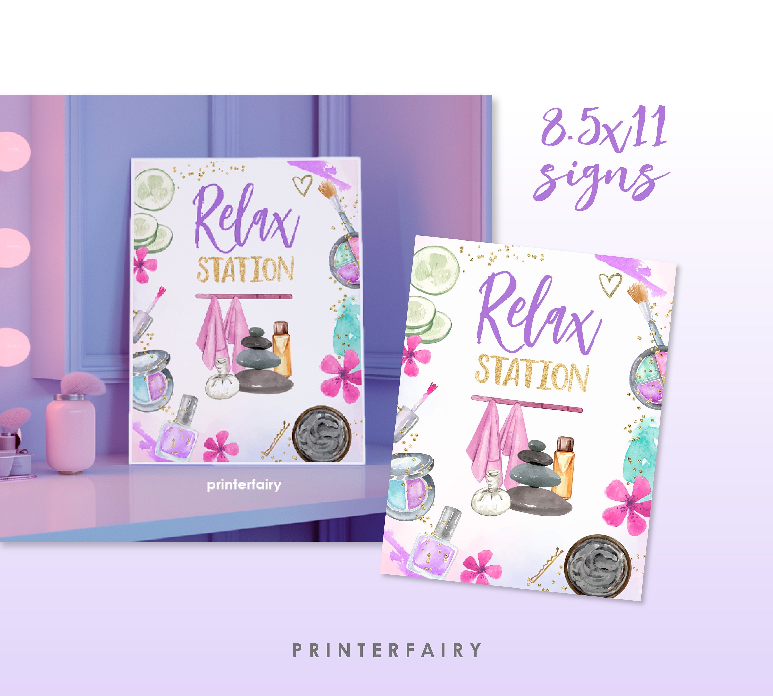 Spa Party Activities Sign Bundle, Relax, Manicure, Pedicure, Makeup, Hair Stations (Instant Download)