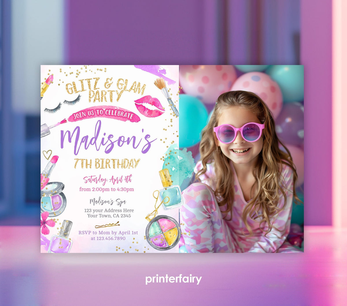 Glitz & Glam Spa Birthday Invitation with Photo (Editable)