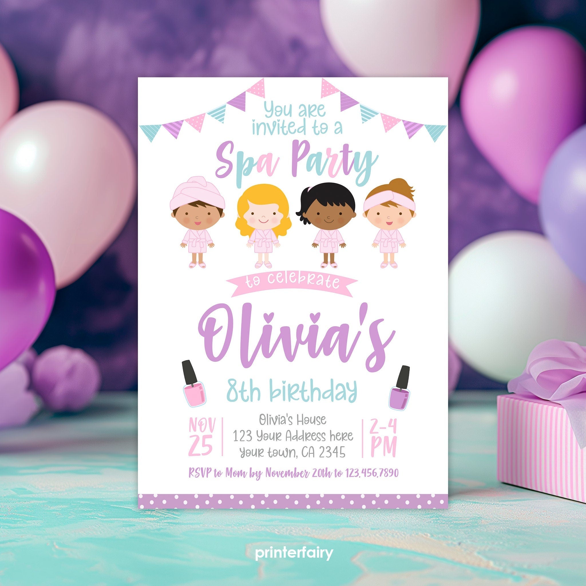 Spa Birthday Party Invitation, Editable Digital Invite (Instant Download)