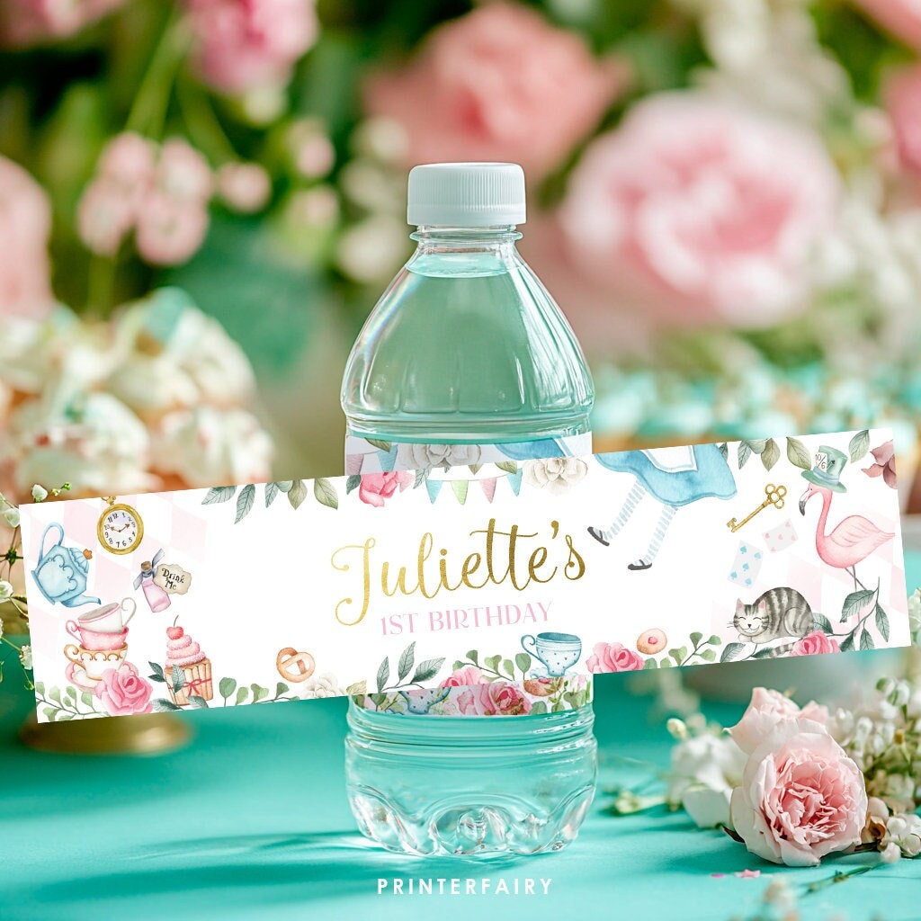 Alice in Wonderland Birthday Water Bottle Label, Editable (Digital Download)