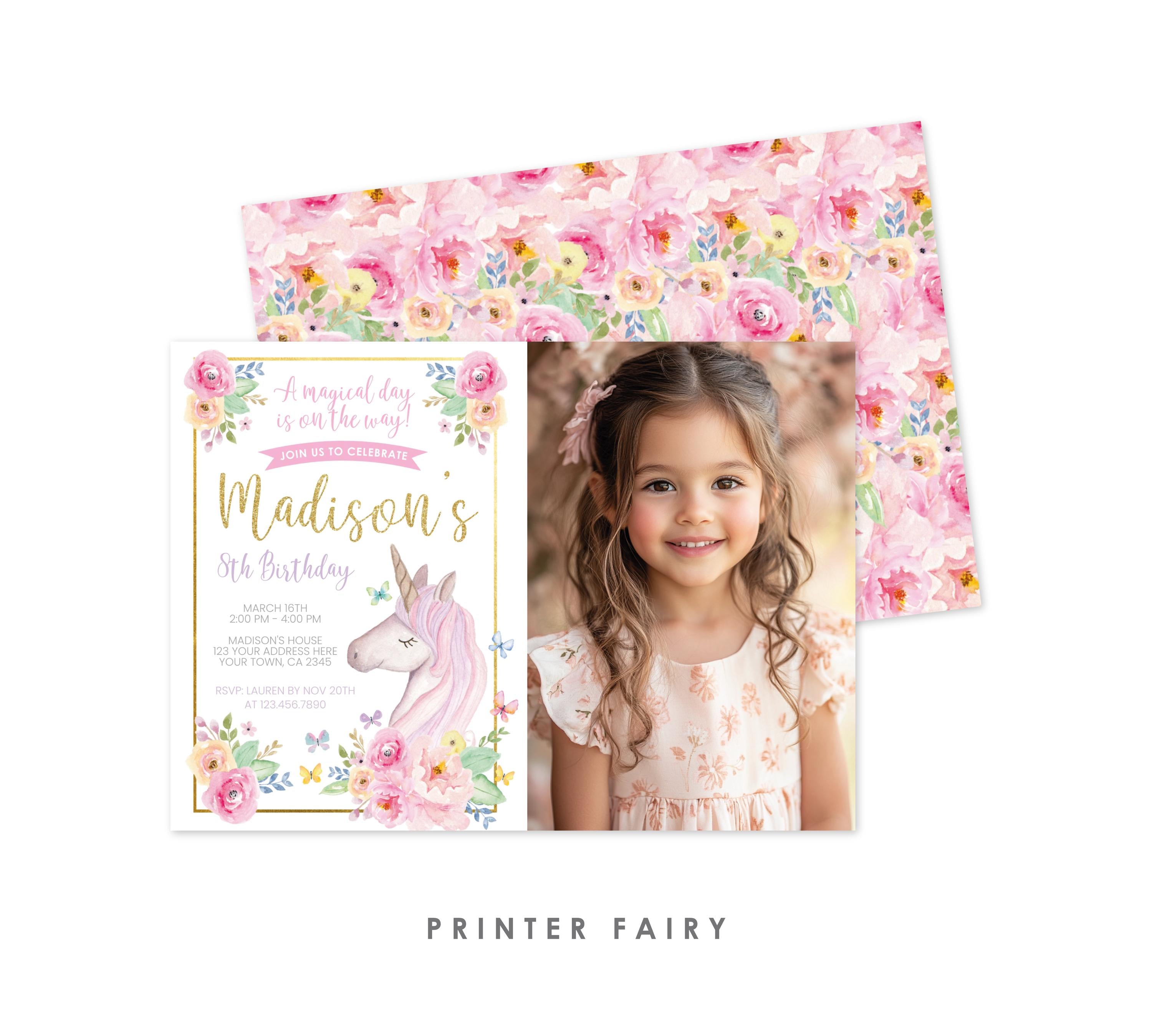 Editable Floral Unicorn Birthday Invitation with Photo (Digital Invite)