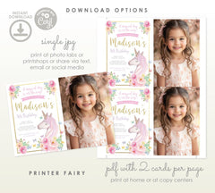 Editable Floral Unicorn Birthday Invitation with Photo (Digital Invite)