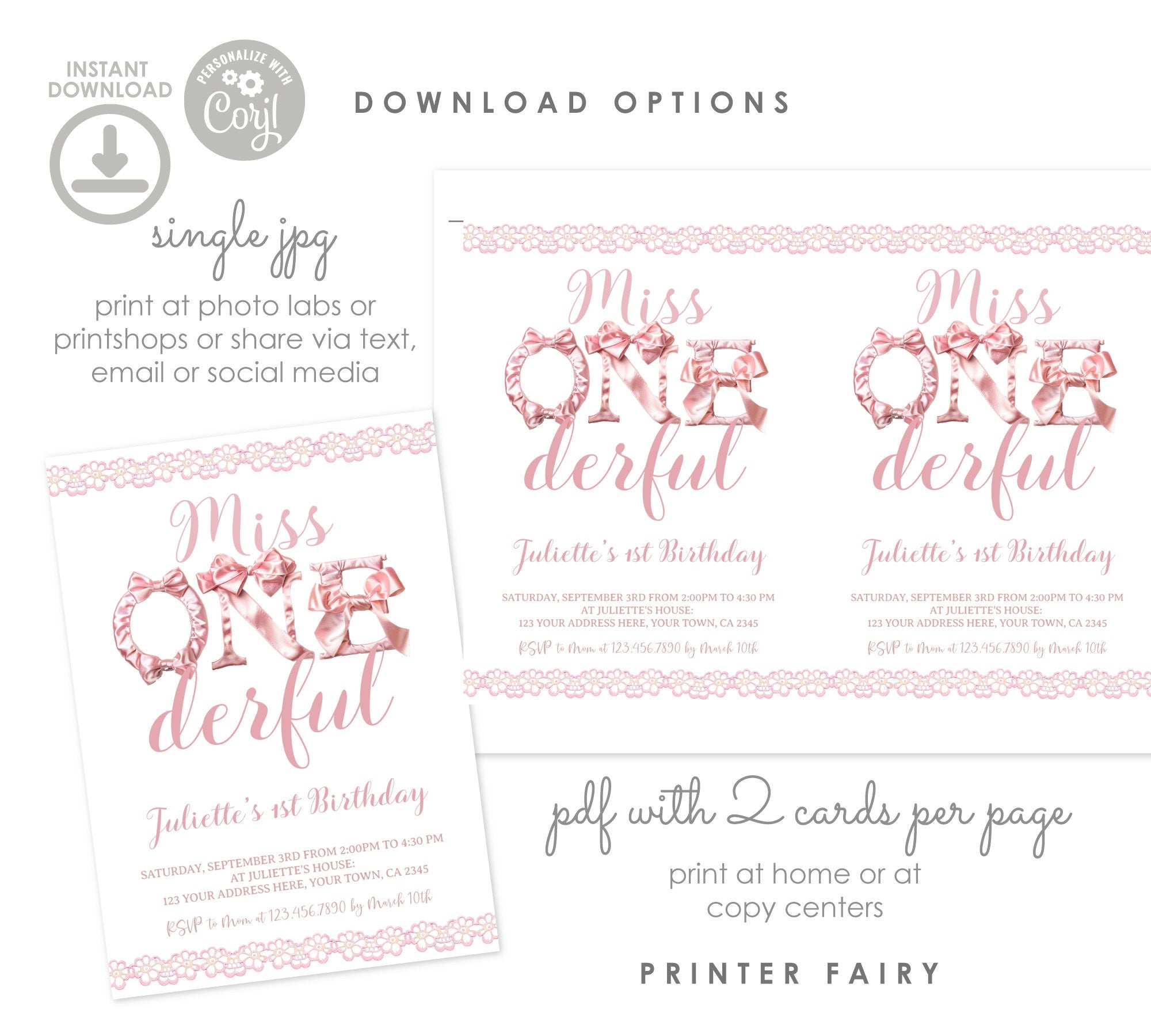Coquette Miss OneDerful 1st Birthday Invitation, Pink Bow (Instant Download)