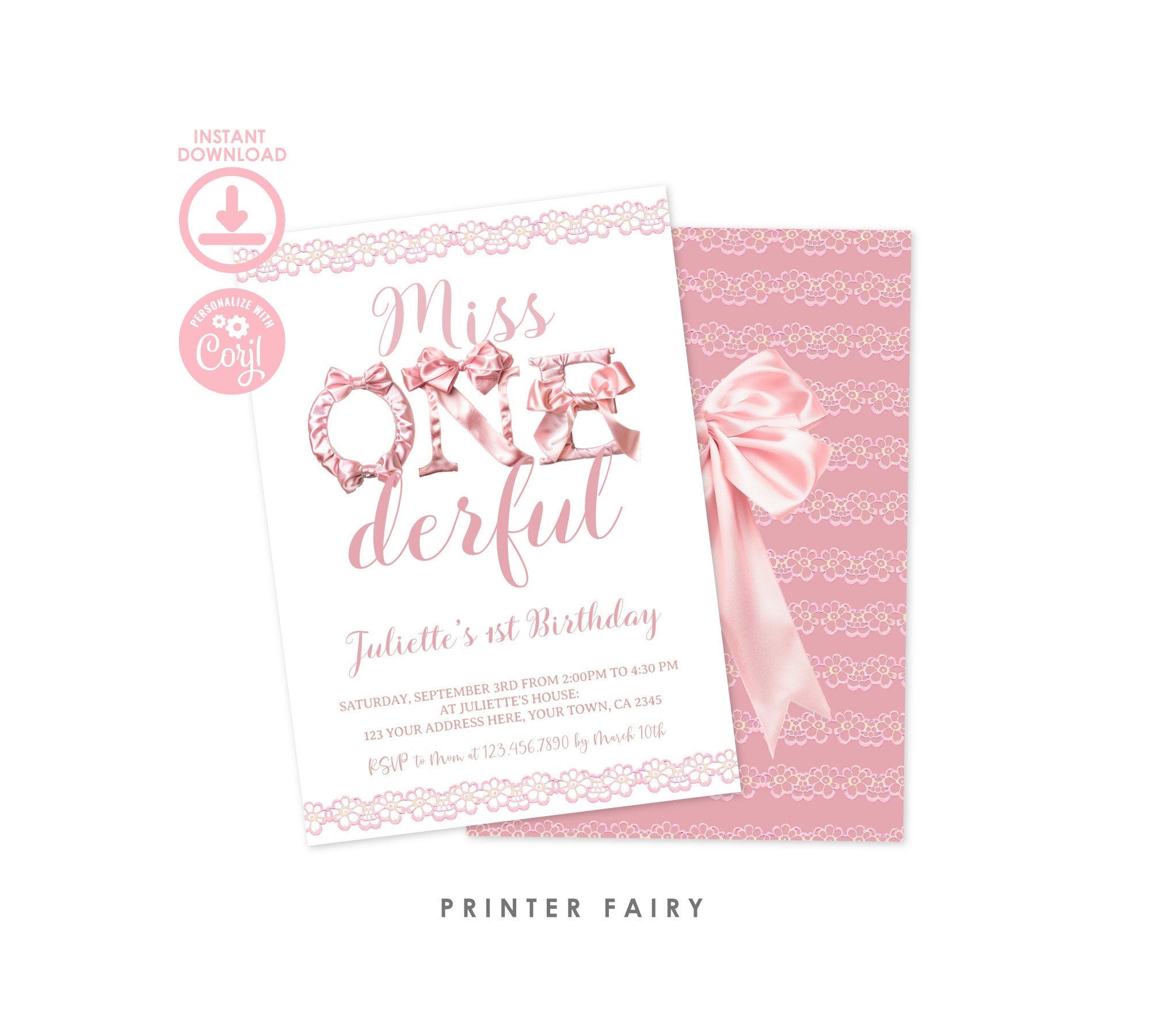 Coquette Miss OneDerful 1st Birthday Invitation, Pink Bow (Instant Download)