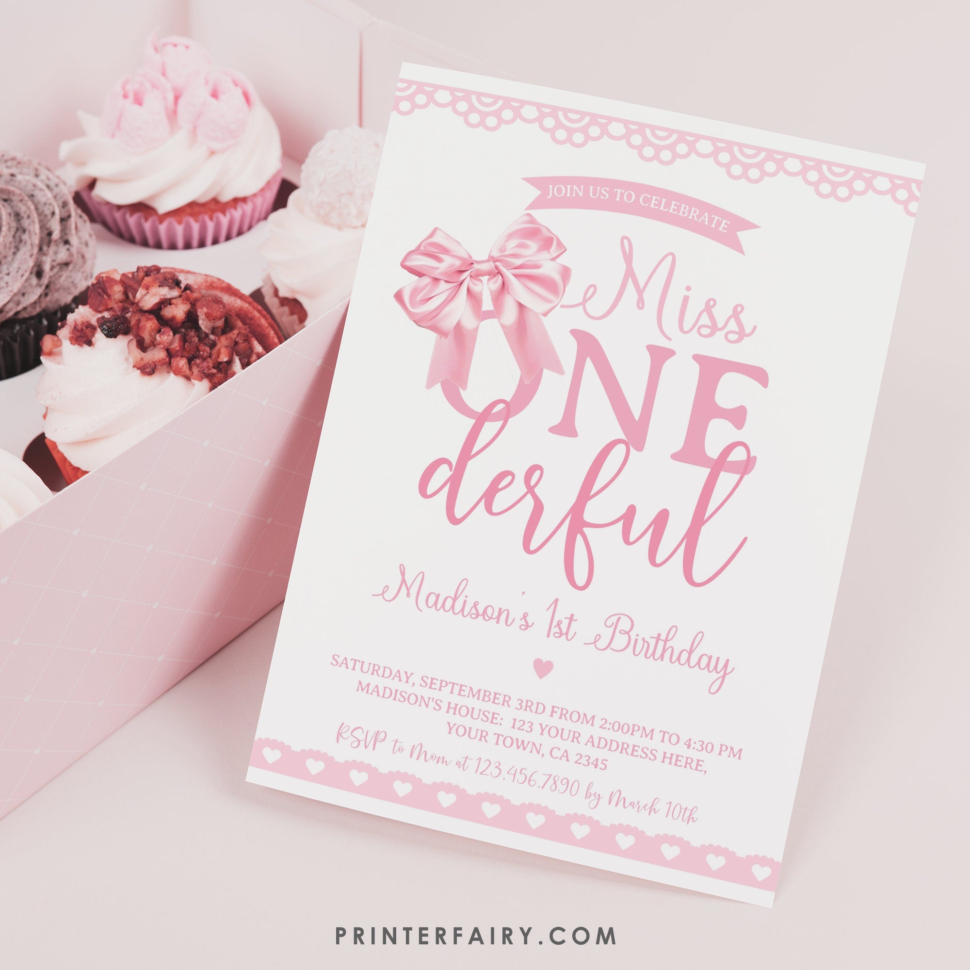 Coquette First Birthday Invitation, Pink Bow, Miss OneDerful (Editable)