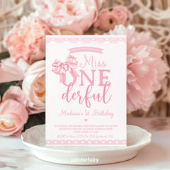 Coquette First Birthday Invitation, Pink Bow, Miss OneDerful (Editable)