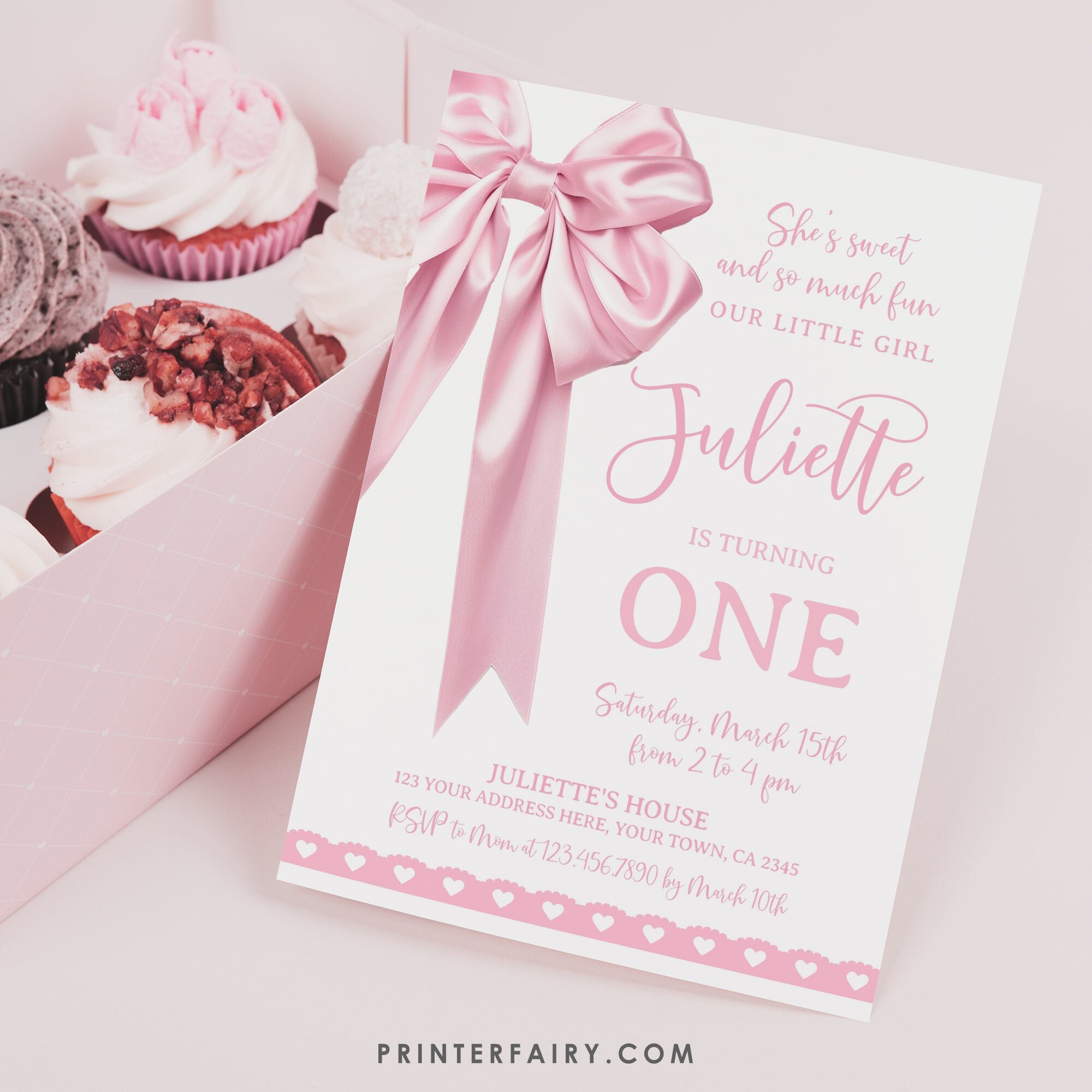 Pink Bow 1st Birthday Invitation Template, Coquette Party (Instant Download)