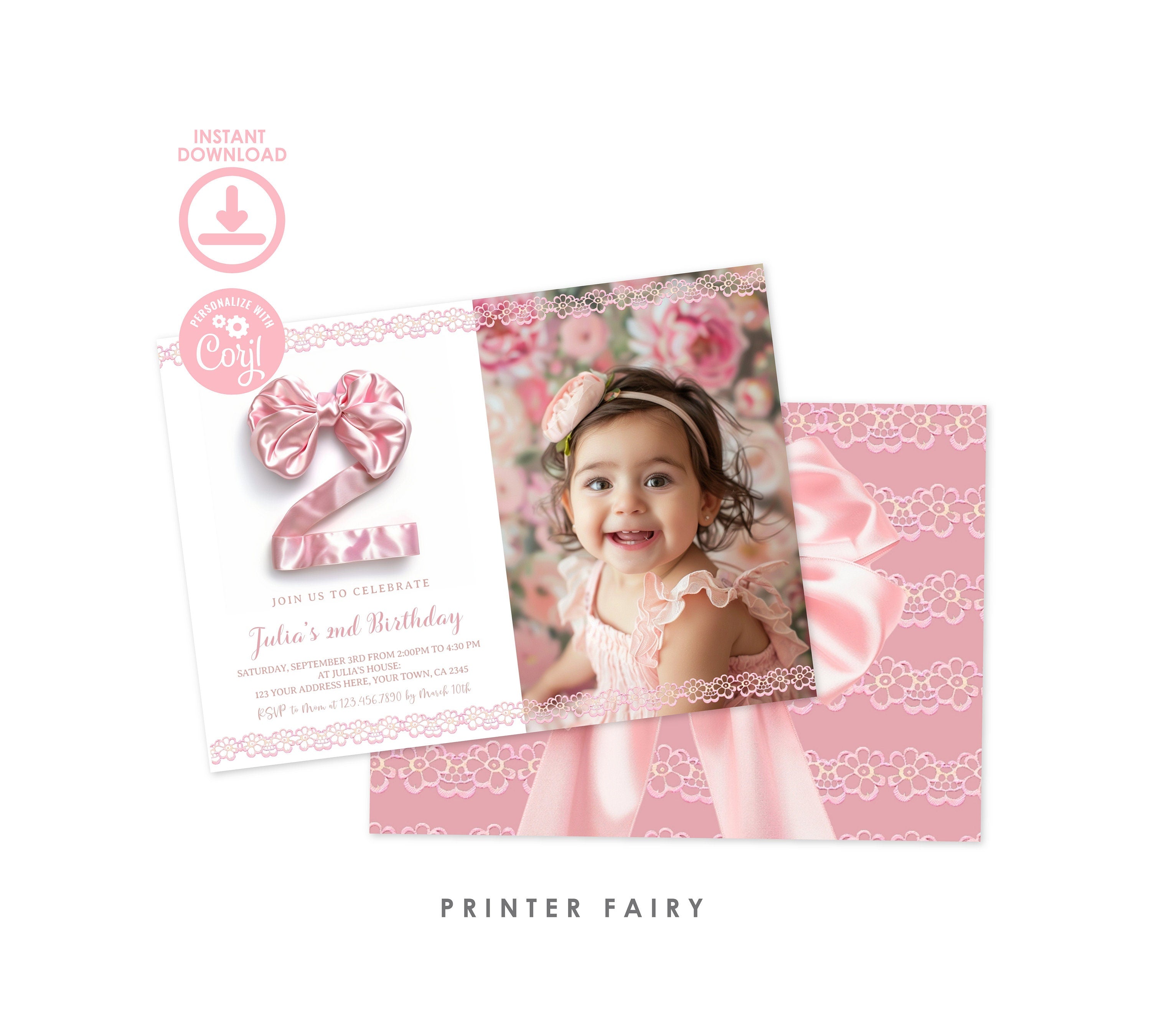 Coquette 2nd Birthday Photo Invitation, Pink Bow, Editable (Digital Download)