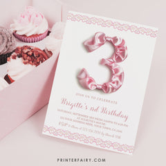Pink Bow 3rd Birthday Invitation, Coquette Party, Editable Template (Instant Download)