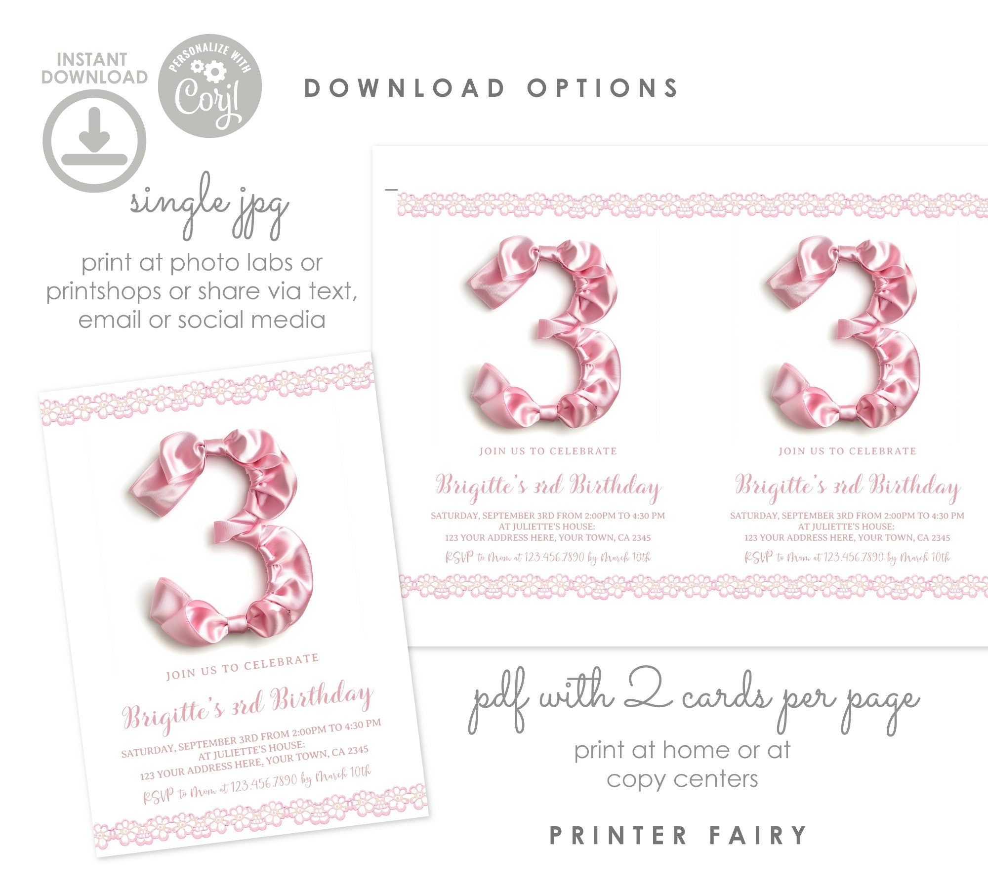 Pink Bow 3rd Birthday Invitation, Coquette Party, Editable Template (Instant Download)