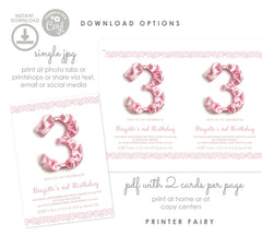 Pink Bow 3rd Birthday Invitation, Coquette Party, Editable Template (Instant Download)