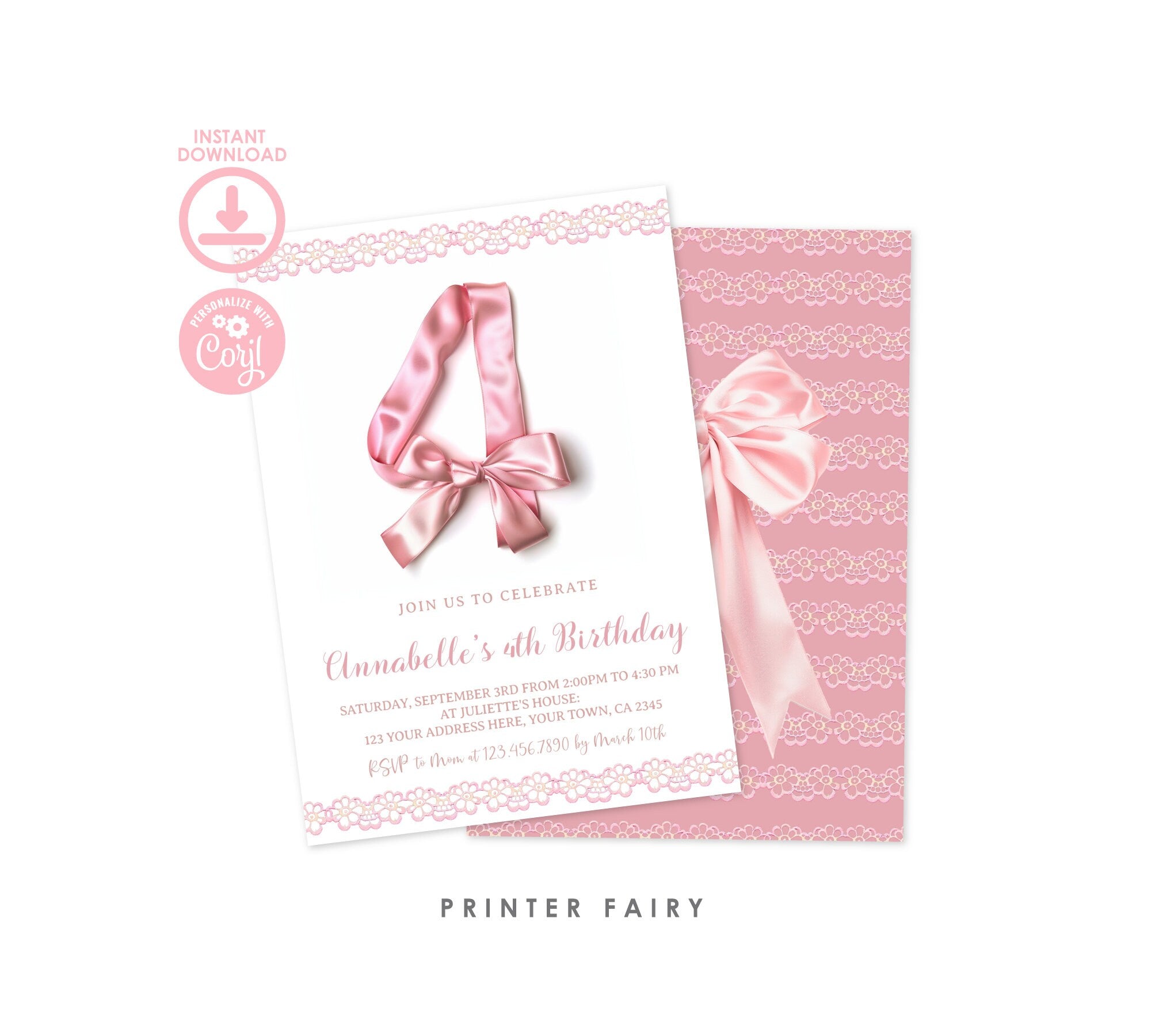 Pink Bow 4th Birthday Invitation, Coquette Party, Floral Invite (Instant Download)