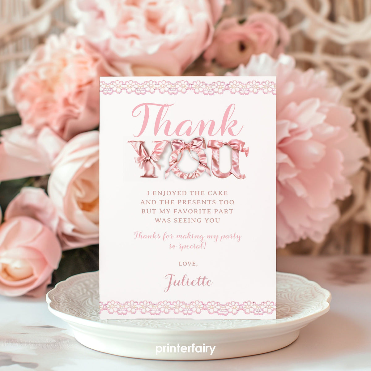 Pink Bow Thank You Card, Coquette Party Editable Template (Instant Download)