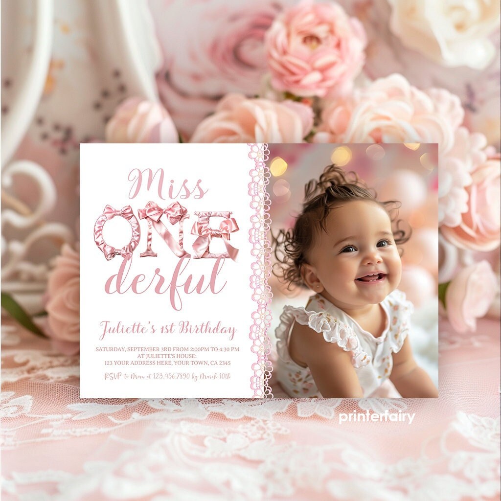 Coquette 1st Birthday Invitation, Pink Bows, Photo (Instant Download)