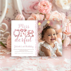 Coquette 1st Birthday Invitation, Pink Bows, Photo (Instant Download)