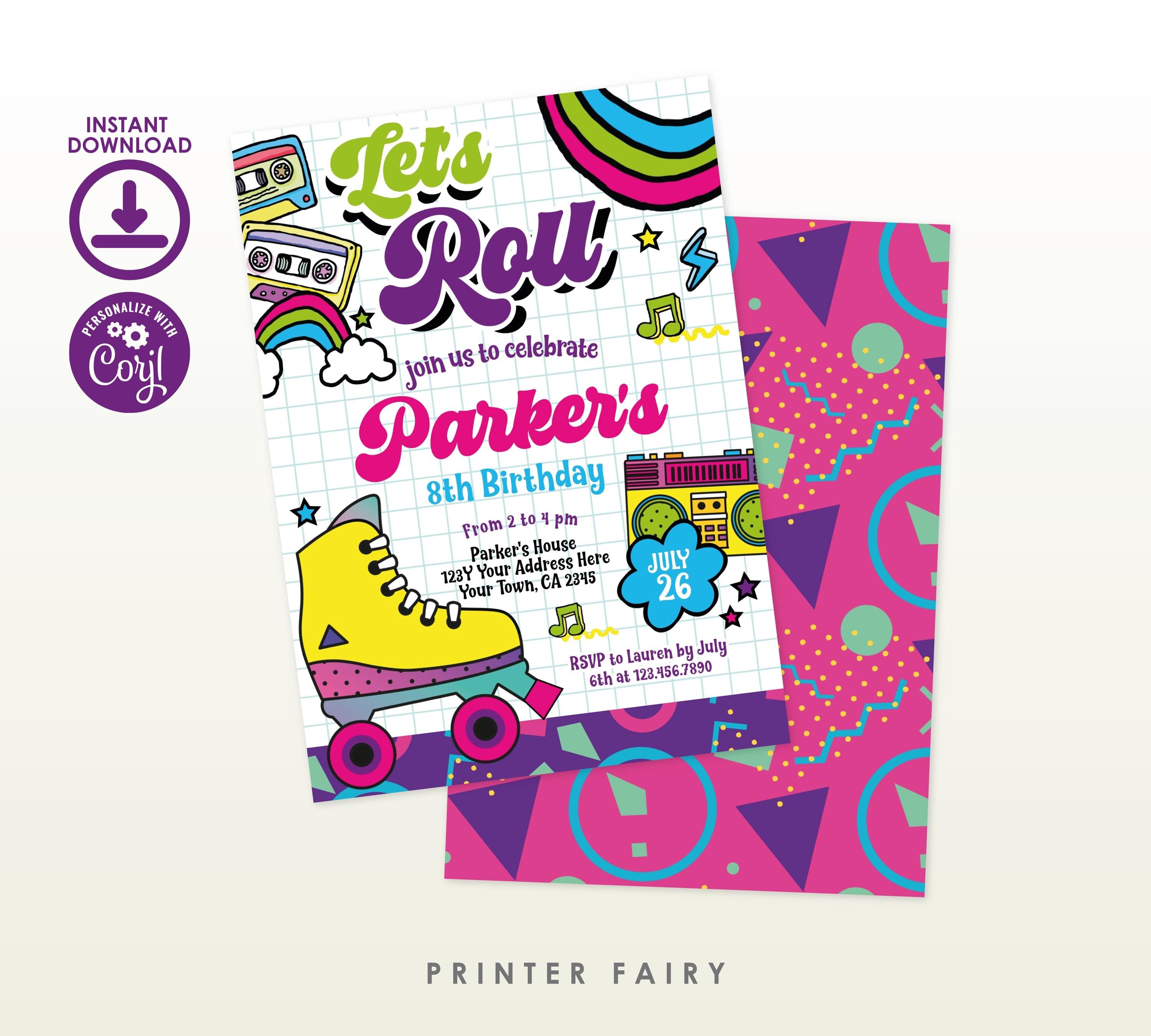 Retro Roller Skate Birthday Party Invitation, Editable Template (Instant Download)