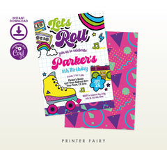 Retro Roller Skate Birthday Party Invitation, Editable Template (Instant Download)